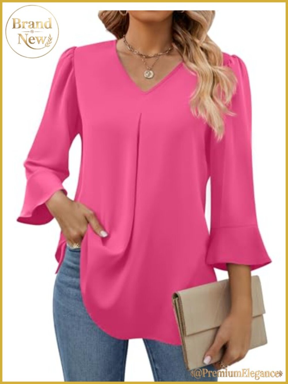 Chiffon V Neck 3/4 Sleeve Blouse Pleated Tunic Work Top